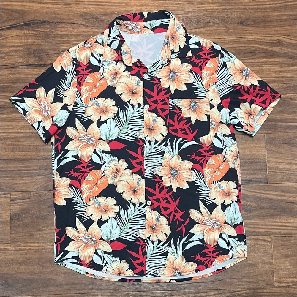 SHEIN Men's Tropical Floral Shirt - Black and Orange